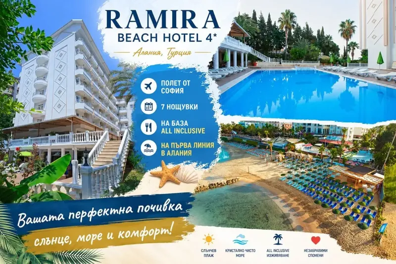 На първа линия в Алания, Турция: Полет от София + 7 нощувки на база All Inclusive на човек в RAMIRA BEACH HOTEL 4*